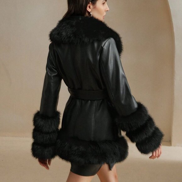 Black Elegant Women's faux leather,faux fur belted Jacket Coat - Picture 3 of 8